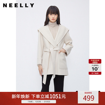 NEELLY纳俪商场同款中长款100%双面呢羊毛大衣时尚系带一手长外套
