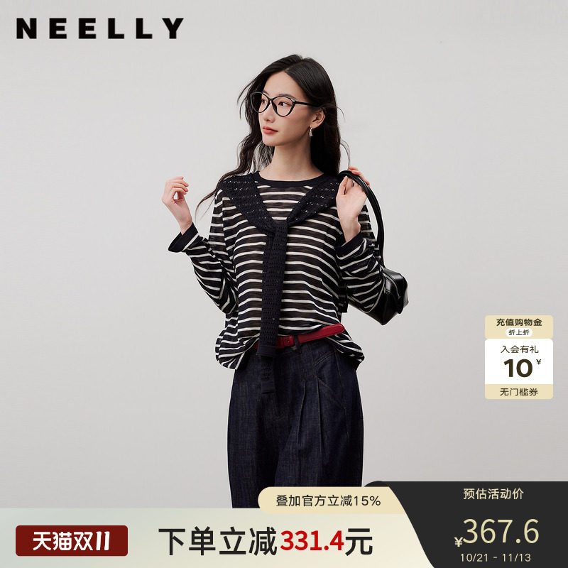 NEELLY纳俪商场同款夏季新款复古条纹披肩长袖T恤女休闲随性上衣