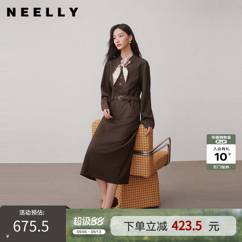 NEELLY纳俪商场同款秋新款法式复古收腰连衣裙女气质通勤显瘦长裙