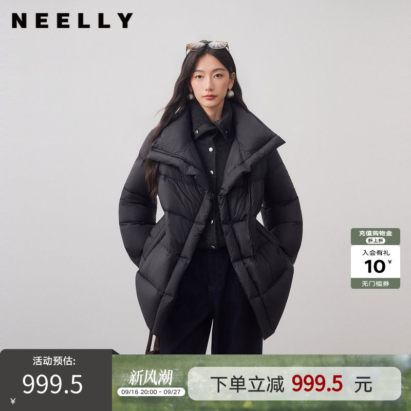 NEELLY纳俪商场同款冬季新款简约腰绳款保暖羽绒服女90白鸭绒外套