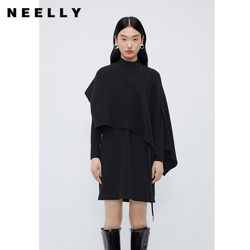 NEELLY纳俪商场同款斗篷针织套装裙黑色半高领端庄大气披肩连衣裙
