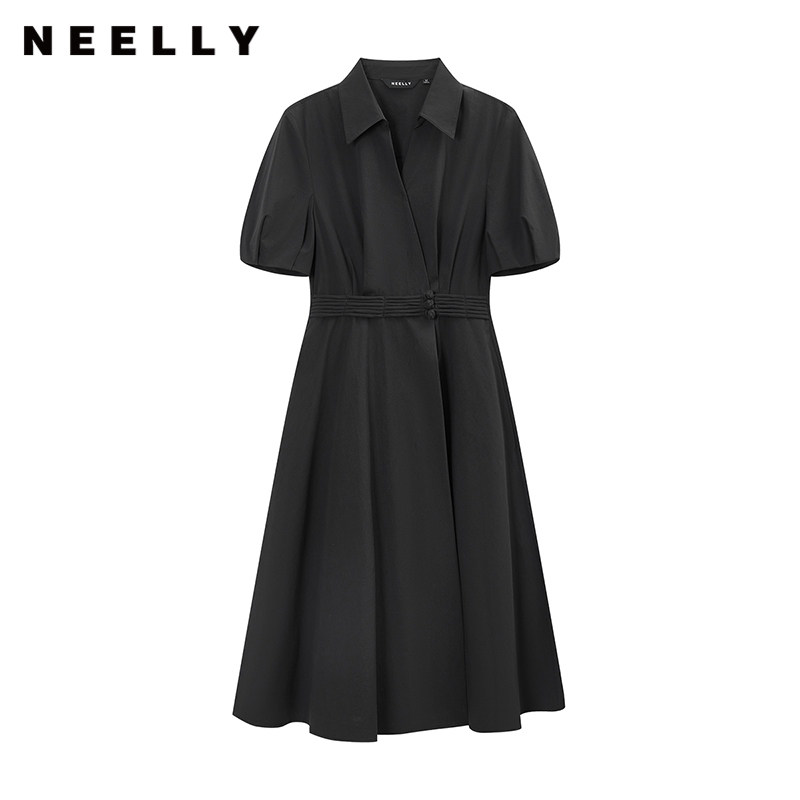 NEELLY纳俪商场同款夏季新款盘扣收腰连衣裙女黑色气质泡泡袖长裙