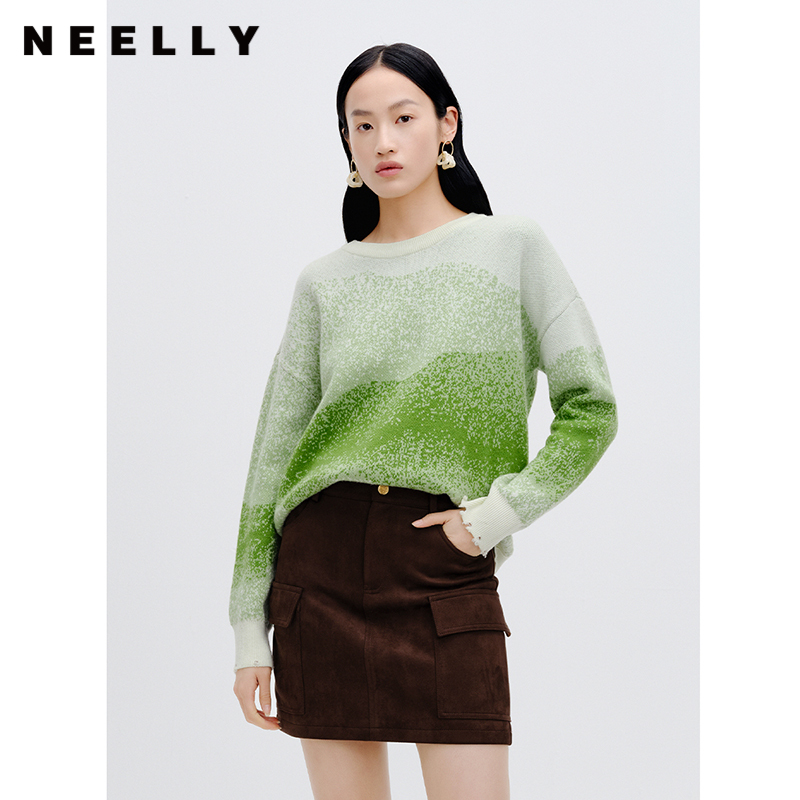 NEELLY纳俪商场同款绵羊毛套头针织衫女春季新款抹茶渐变宽松毛衣