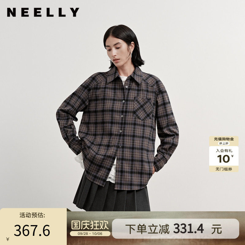NEELLY纳俪商场同款冬季新款复古宽松格纹衬衫女韩版百搭短衬衣