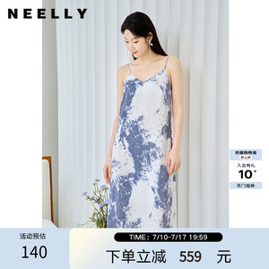 NEELLY纳俪春秋新款商场同款印花吊带连衣裙女高级感温柔风长裙