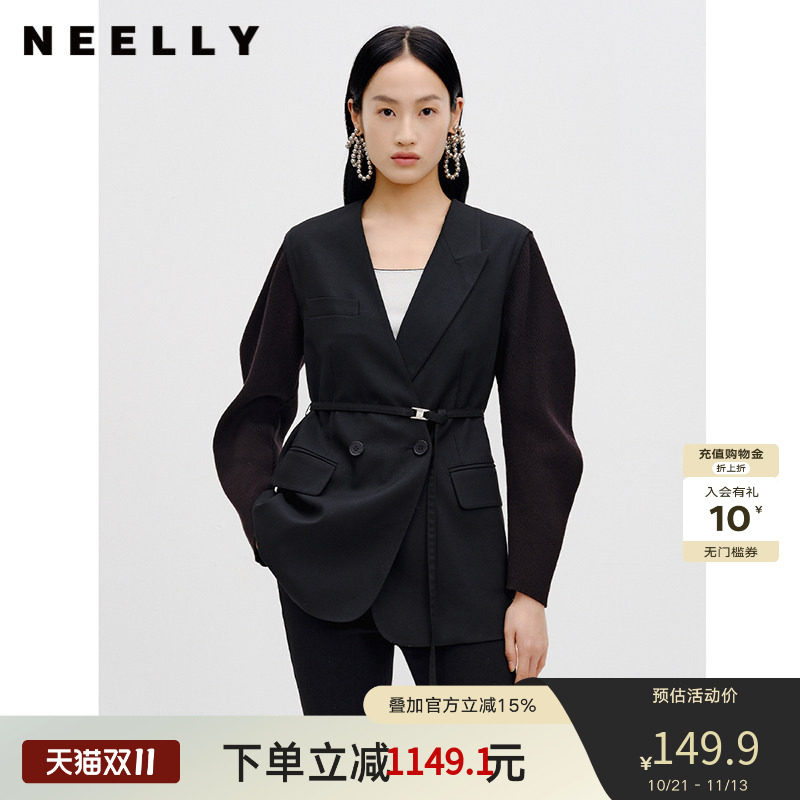 NEELLY纳俪商场同款黑色西装外套春秋新款双排扣系带高级气质感女