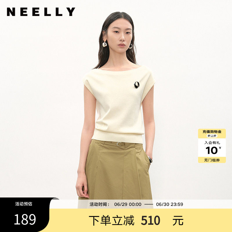 NEELLY纳俪商场同款夏新款设计感一字领针织衫女斜肩两穿显瘦上衣