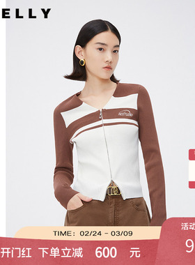 NEELLY纳俪商场同款春秋V领刺绣双头拉链针织衫女时尚修身上衣