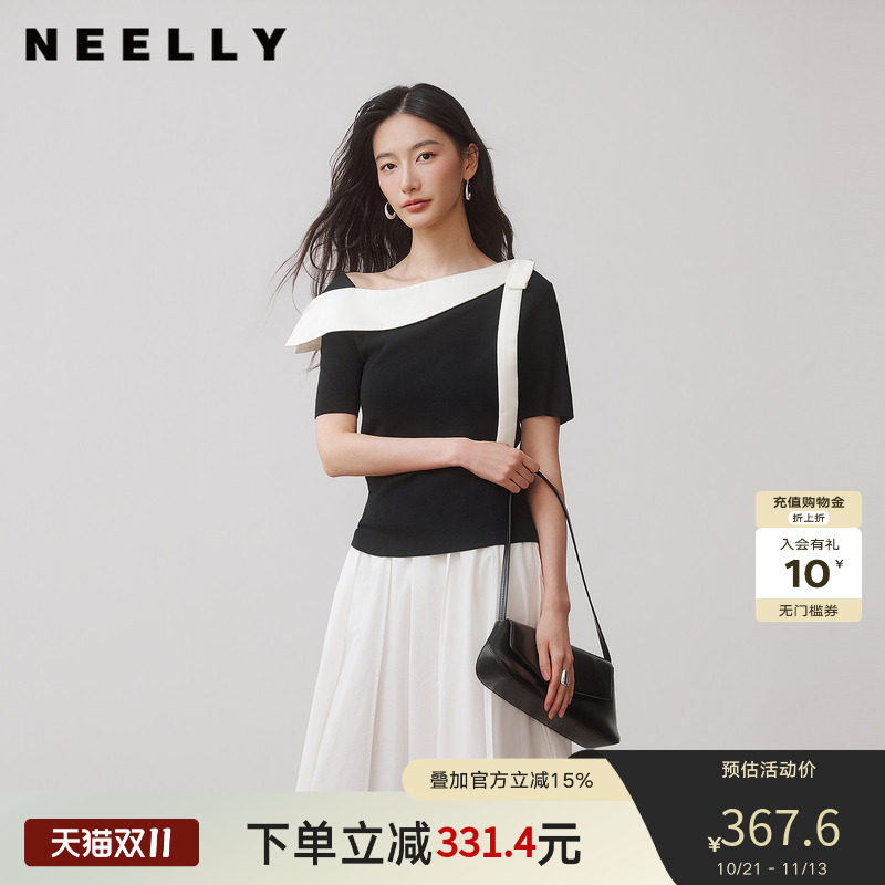 NEELLY纳俪商场同款秋季新款法式氛围感斜肩针织衫女气质飘带上衣