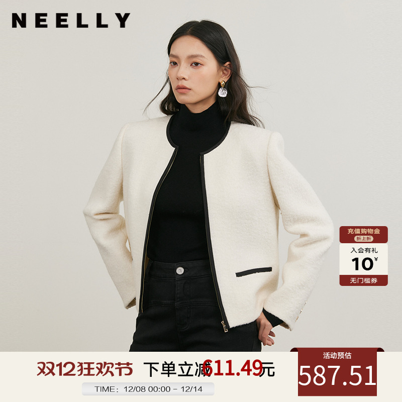 NEELLY纳俪商场同款冬季新款经典黑白撞色毛呢外套女正肩显瘦上衣