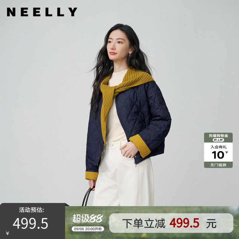 NEELLY纳俪商场同款冬季新款复古文艺菱格短外套女慵懒随性棉衣