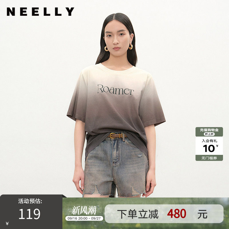 NEELLY纳俪商场同款夏季新款时尚渐变短袖字母T恤女圆领个性上衣