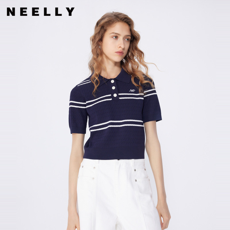NEELLY纳俪商场同款春秋新款Polo领个性显瘦针织衫女短袖条纹上衣
