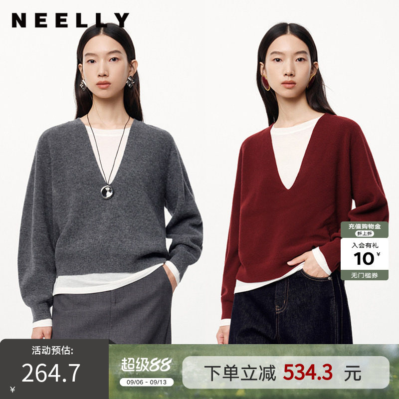 NEELLY纳俪春秋新款商场同款绵羊毛纯色通勤针织衫女软糯内搭毛衣