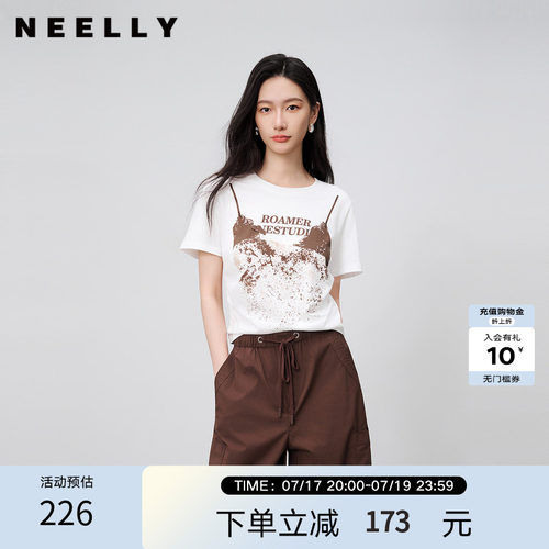 NEELLY纳俪商场同款夏季新款圆领印花修身T恤女百搭休闲舒适上衣