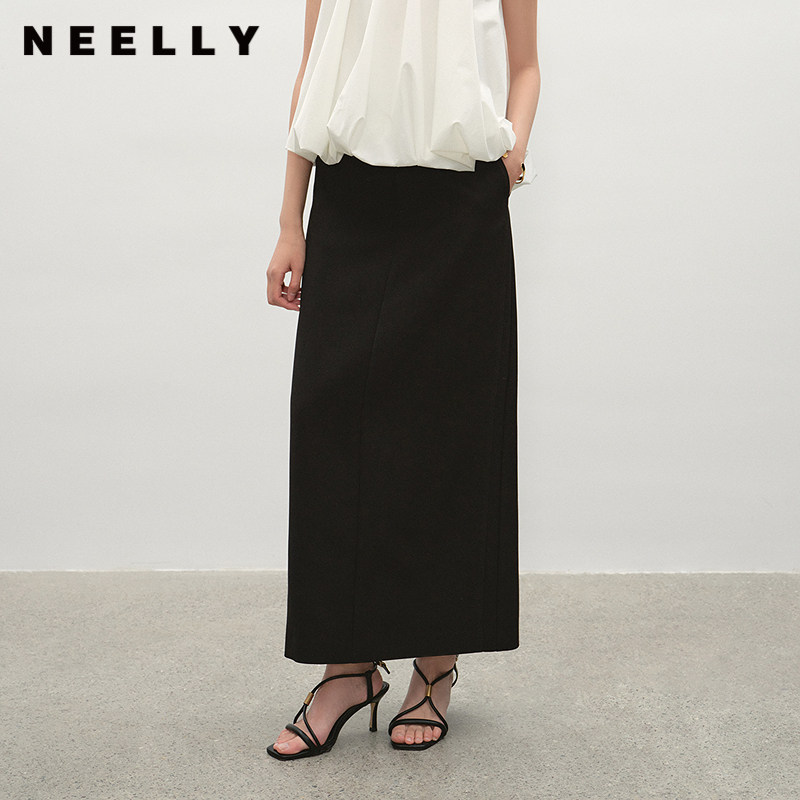 NEELLY纳俪商场同款夏新款简约廓形半身裙女通勤后开叉直筒A字裙