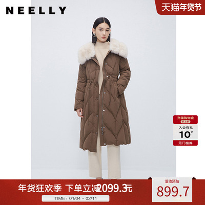 NEELLY纳俪商场同款冬新款狐狸毛领羽绒服气质收腰中长款羽绒大衣