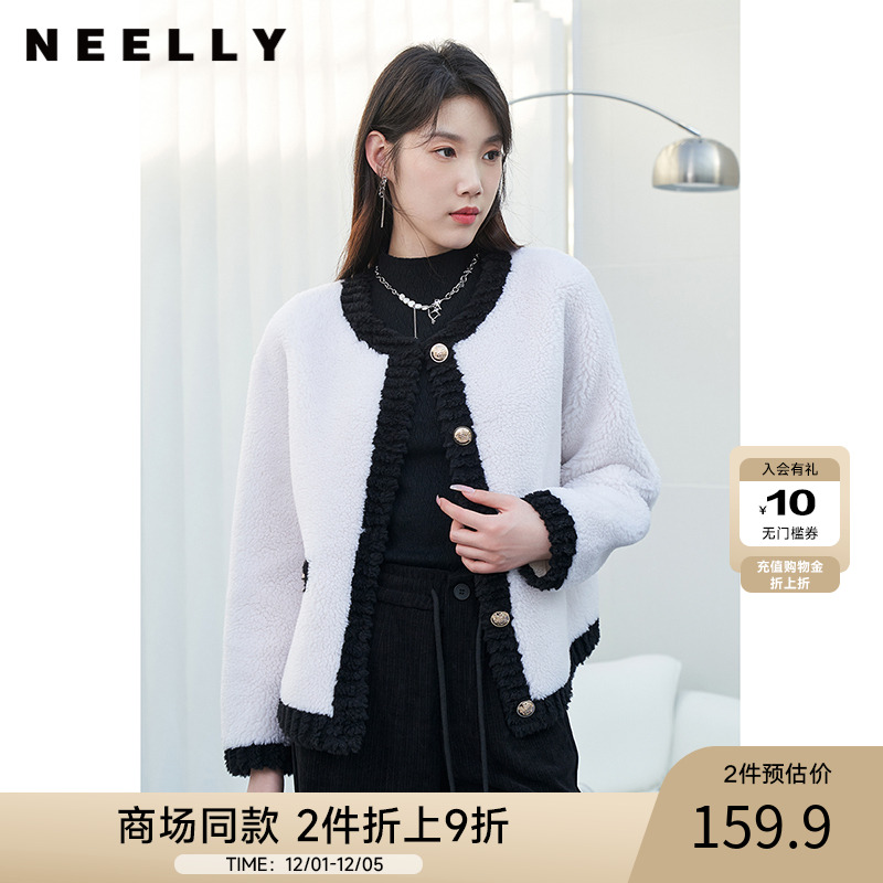 NEELLY纳俪商场同款黑白撞色圆领短款外套女小金扣含羊毛上衣保暖