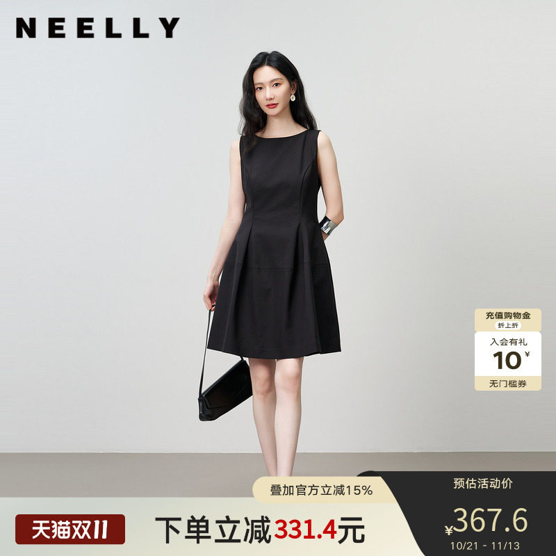 NEELLY纳俪商场同款夏新款无袖收腰小黑裙女赫本风小个子A字长裙