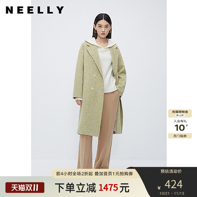 NEELLY纳俪商场同款中长款西装领双面呢大衣韩系气质垂感毛呢外套