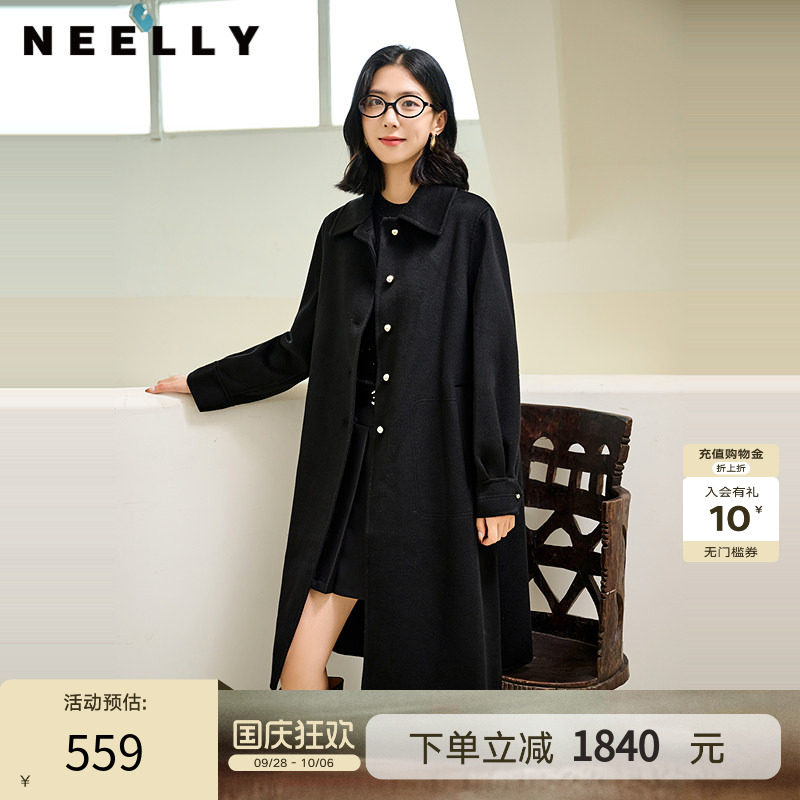 NEELLY纳俪商场同款冬季新款气质通勤纯羊毛长款双面呢大衣外套女