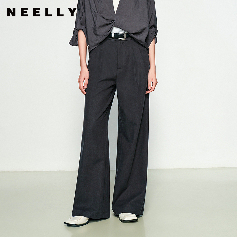 NEELLY纳俪商场同款秋新款通勤垂感深灰百搭宽松休闲裤女舒适长裤