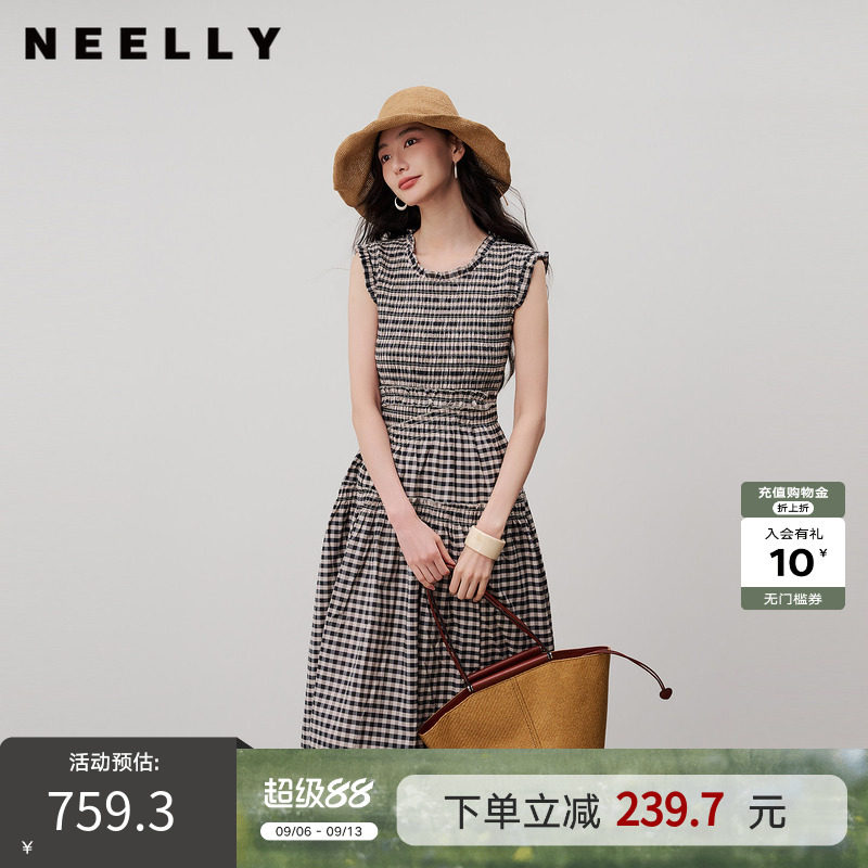 NEELLY纳俪商场同款夏新款复古黑白格连衣裙女无袖修身木耳边长裙
