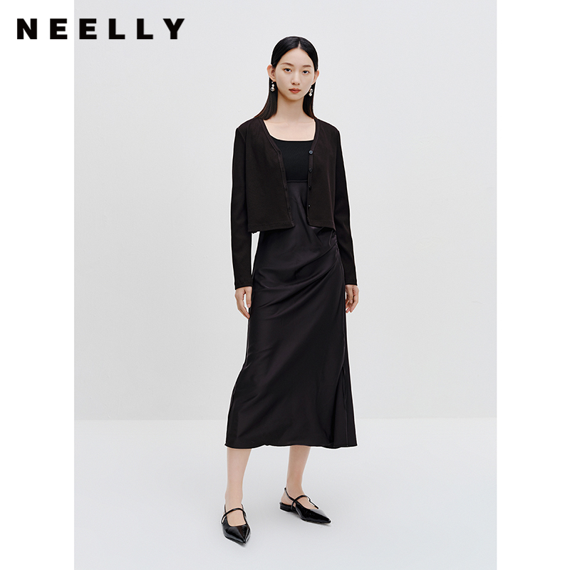 NEELLY纳俪商场同款显瘦收腰针织拼接吊带连衣裙女时尚开衫两件套