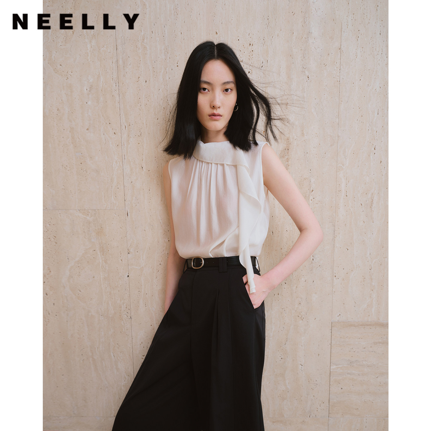 NEELLY纳俪商场同款秋新款气质飘带无袖雪纺衫女通勤百搭柔感上衣