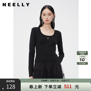 NEELLY纳俪商场同款春秋新款圆领修身纯色打底针织衫女显瘦羊毛衫