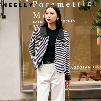 NEELLY纳俪商场同款冬季新款翻领小香风保暖外套90白鹅绒羽绒服女