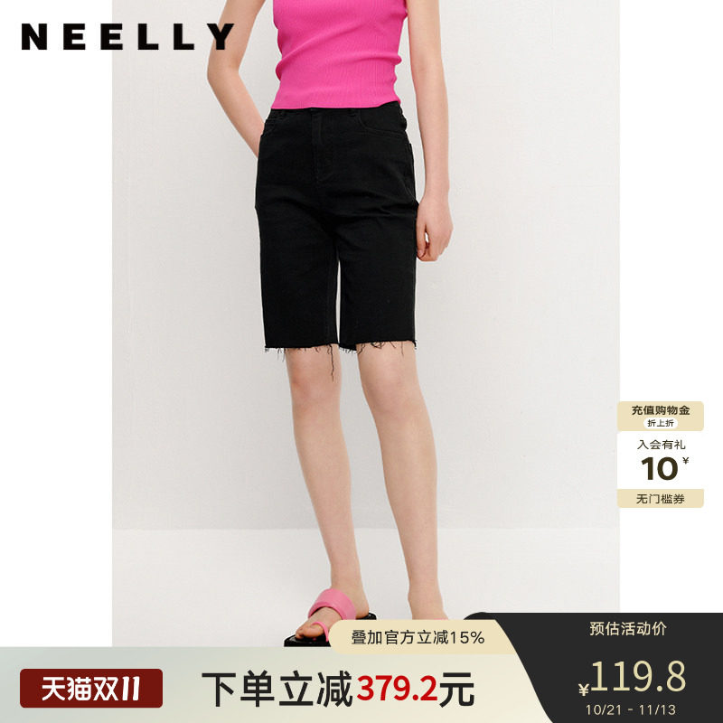 NEELLY纳俪商场同款黑色五分牛仔中裤女夏季薄款显瘦毛边骑行裤