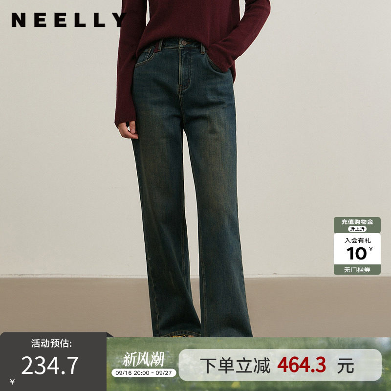 NEELLY纳俪商场同款冬新款复古做旧直筒长裤女小个子休闲牛仔裤