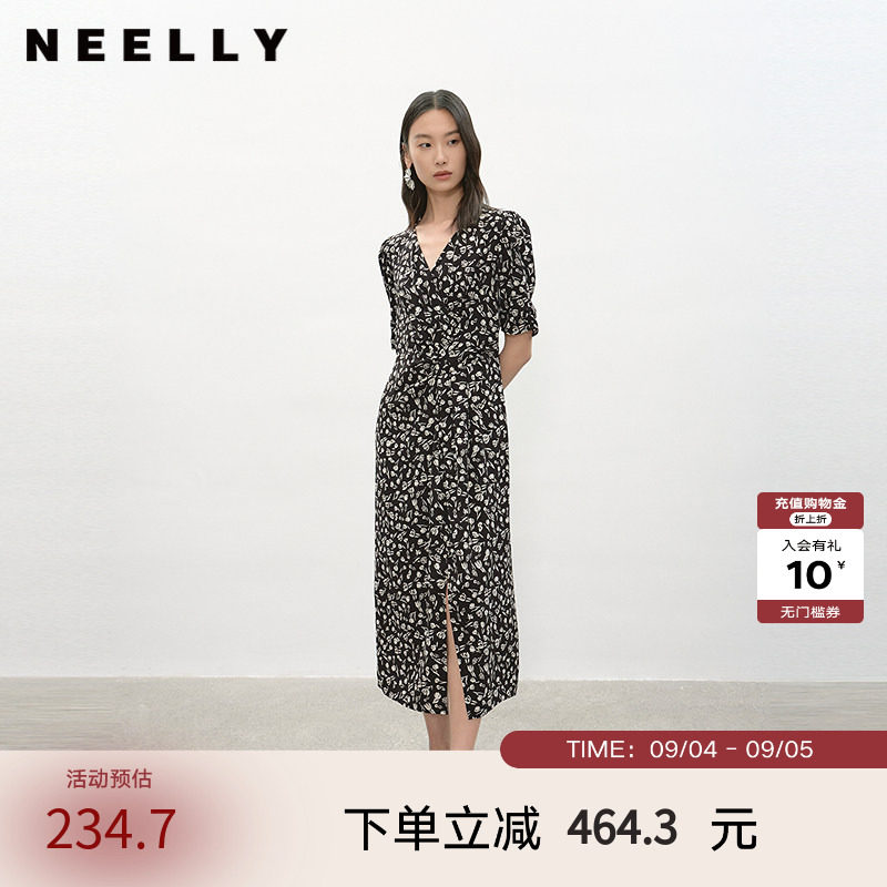 NEELLY纳俪商场同款夏季新款复古黑白碎花连衣裙女休闲舒适中长裙