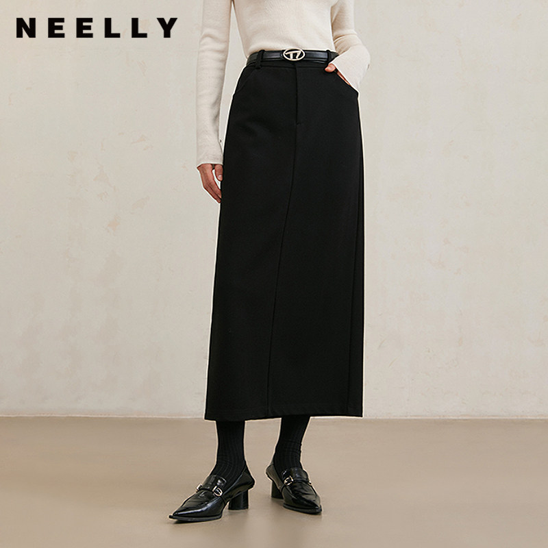 NEELLY纳俪商场同款冬季新款黑色垂感显瘦半身裙女气质通勤长裙