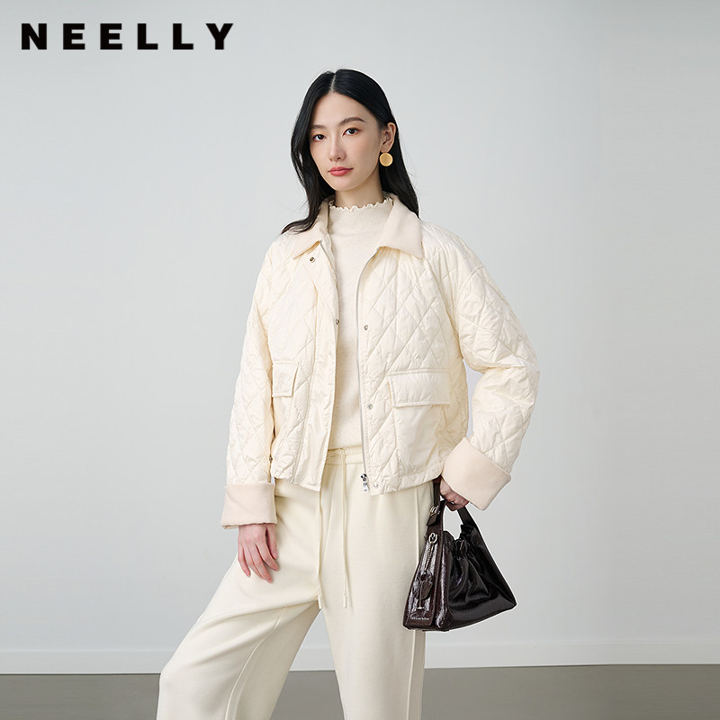 NEELLY纳俪商场同款冬季新款轻薄白鸭绒翻领短款毛领羽绒服外套女