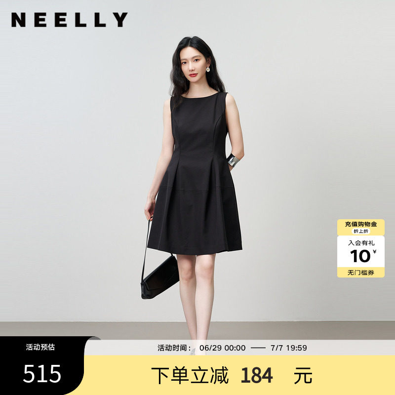 NEELLY纳俪商场同款夏新款无袖收腰小黑裙女赫本风小个子A字长裙