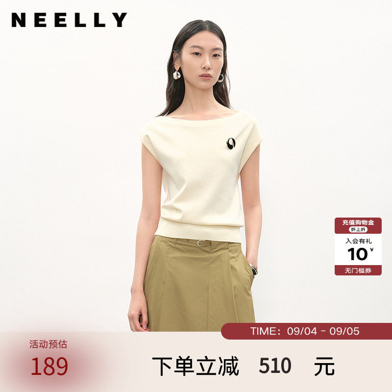 NEELLY纳俪商场同款夏新款设计感一字领针织衫女斜肩两穿显瘦上衣