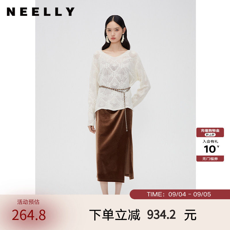 NEELLY纳俪商场同款垂感连衣裙春秋款两件套裙装气质镂空针织套装图片