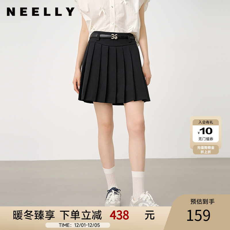 NEELLY纳俪商场同款秋冬同款深色百褶裙女经典显瘦百搭短裙