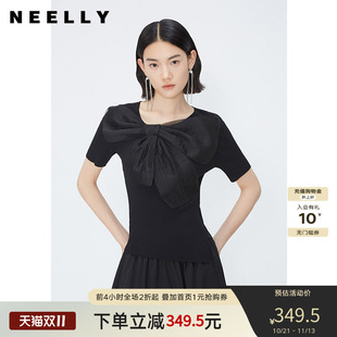 NEELLY纳俪商场同款夏季新款黑色套头针织衫女薄款网纱蝴蝶结上衣