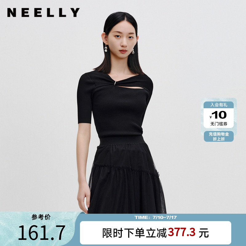 NEELLY纳俪商场同款设计感针织衫女春季新款镂空短袖修身气质上衣