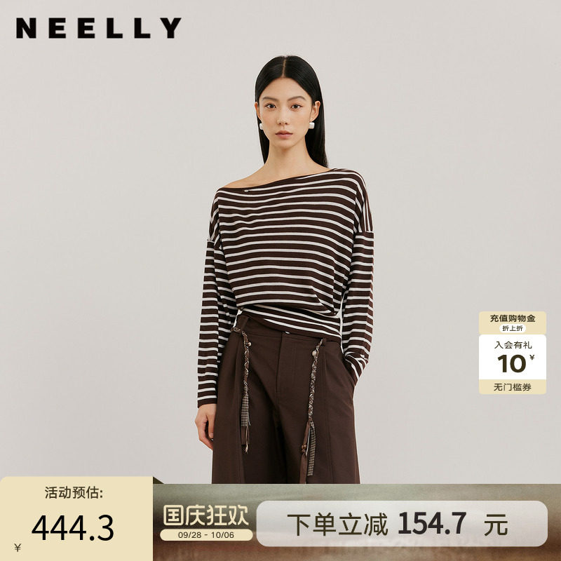 NEELLY纳俪商场同款秋季新款时尚斜肩型条纹针织衫女宽松显瘦上衣