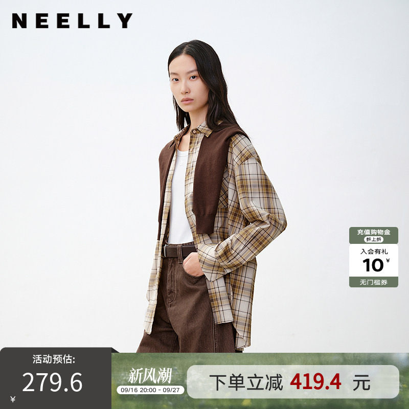 NEELLY纳俪商场同款春秋新款复古休闲格纹长袖衬衫女通勤宽松外套