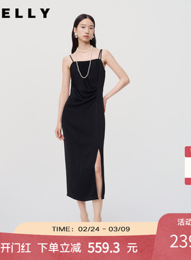 NEELLY纳俪商场同款春秋新款醋纤黑色设计感收腰吊带连衣裙女简约
