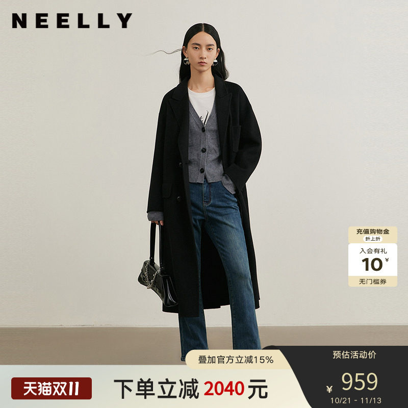 NEELLY纳俪商场同款冬新款绵羊毛长款气质简约大衣女随性慵懒外套