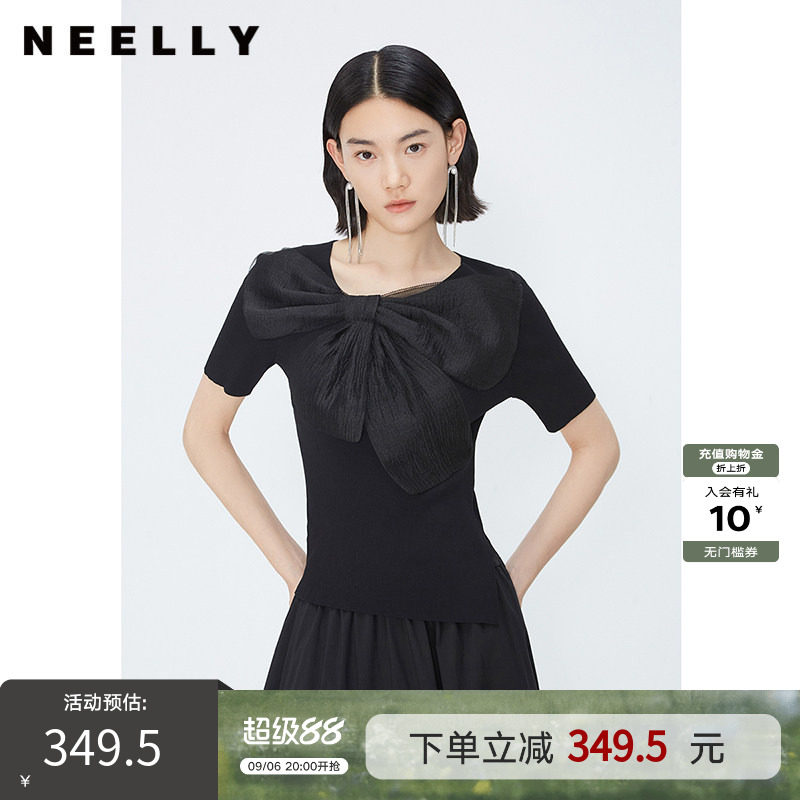 NEELLY纳俪商场同款夏季新款黑色套头针织衫女薄款网纱蝴蝶结上衣