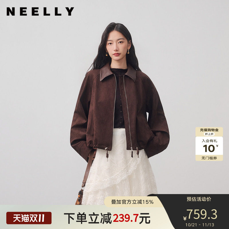 NEELLY纳俪商场同款秋季新款复古翻领短夹克女宽松美拉德休闲外套