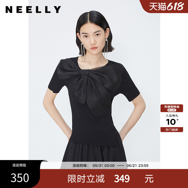 NEELLY纳俪商场同款夏季新款黑色套头针织衫女薄款网纱蝴蝶结上衣