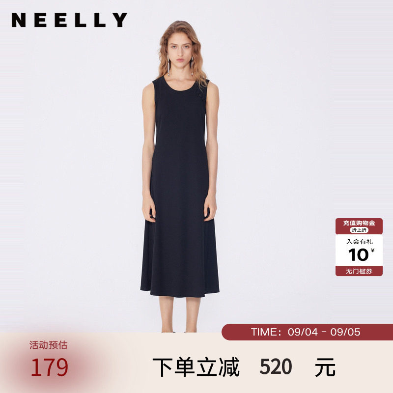 NEELLY纳俪商场同款春秋新款高级简约设计感连衣裙女显瘦个性长裙